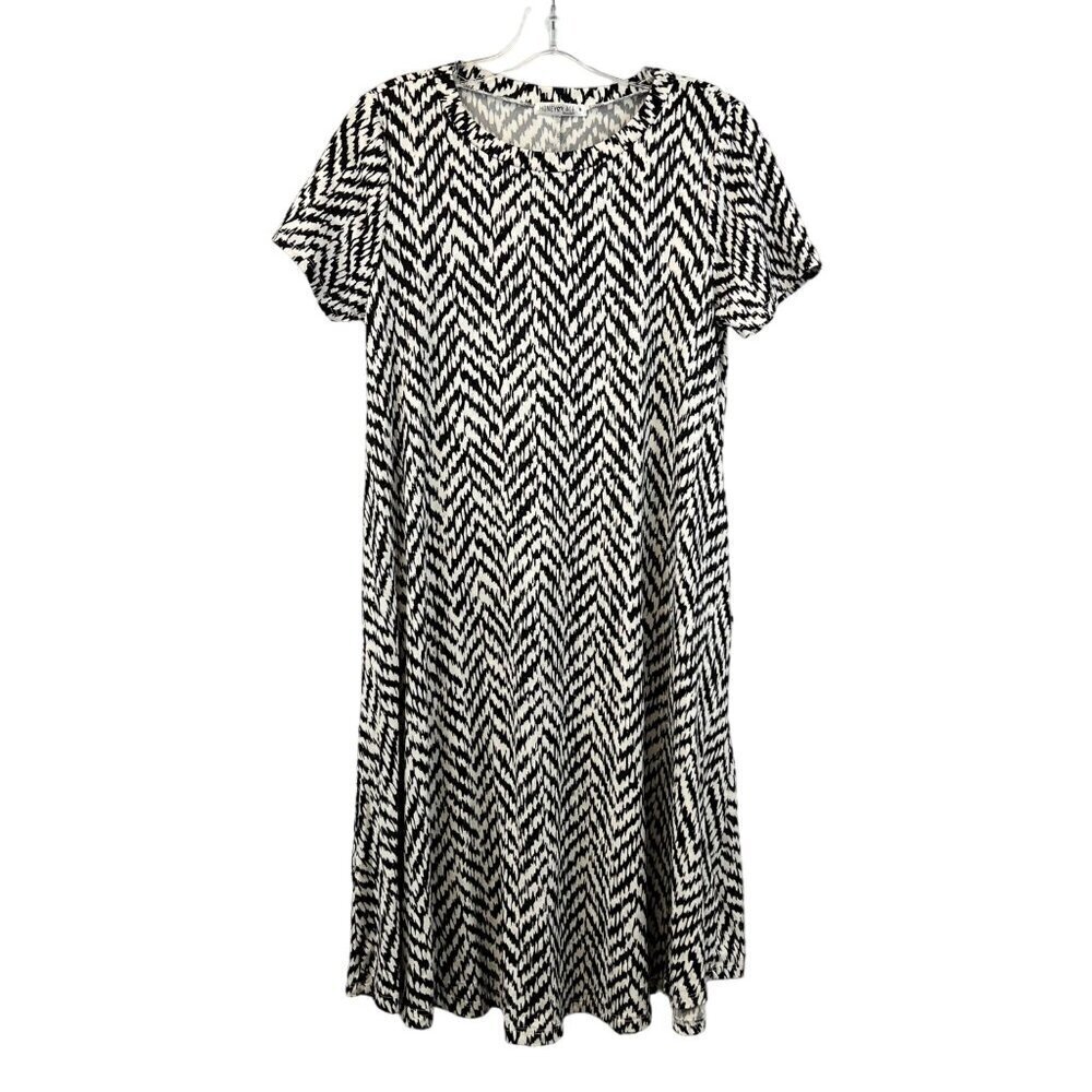 Honey & Lace Womens Short Sleeve Black/White Print Midi Shift Dress Pockets S